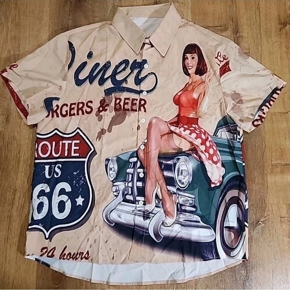 Unbranded Other - NWOT Retro Style Route 66 Americana PinUp Girl Graphic Shirt XL Men's Buttonup